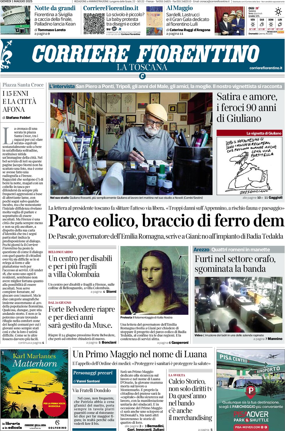 Prima Pagina Corriere Fiorentino 01/05/2025