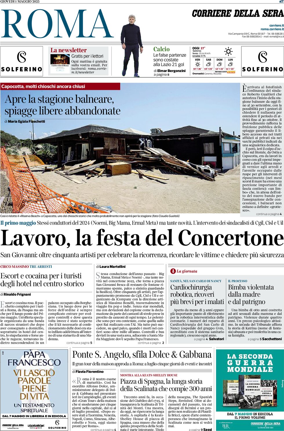 Prima Pagina Corriere della Sera (Roma) 01/05/2025