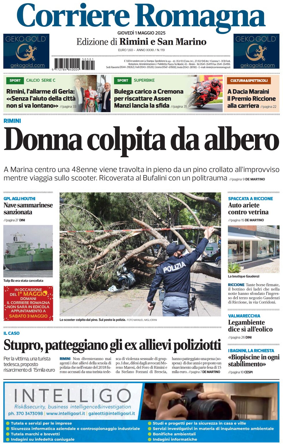 Prima Pagina Corriere Romagna (Rimini e San Marino) 01/05/2025