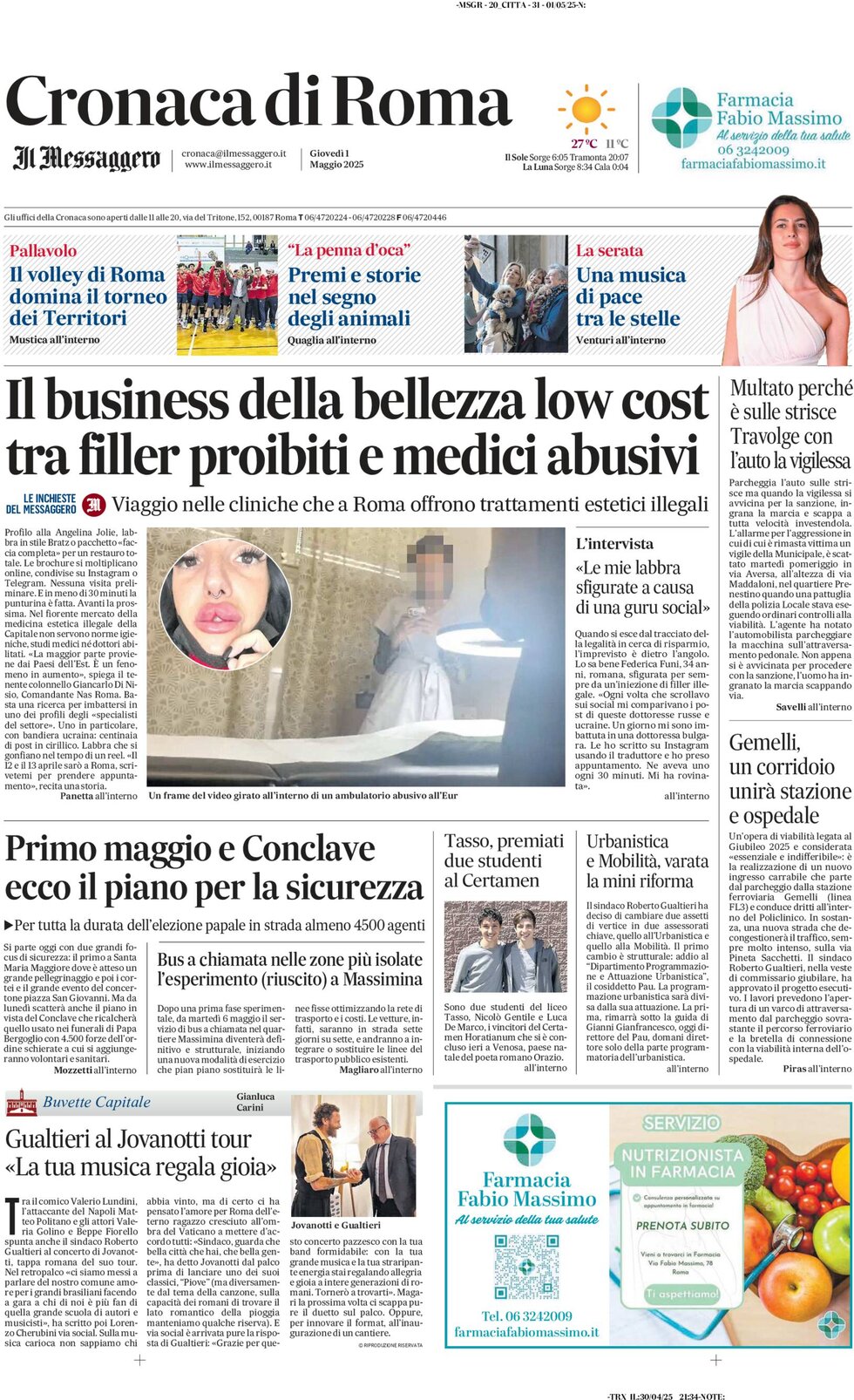 Prima Pagina Cronaca di Roma (Il Messaggero) 01/05/2025