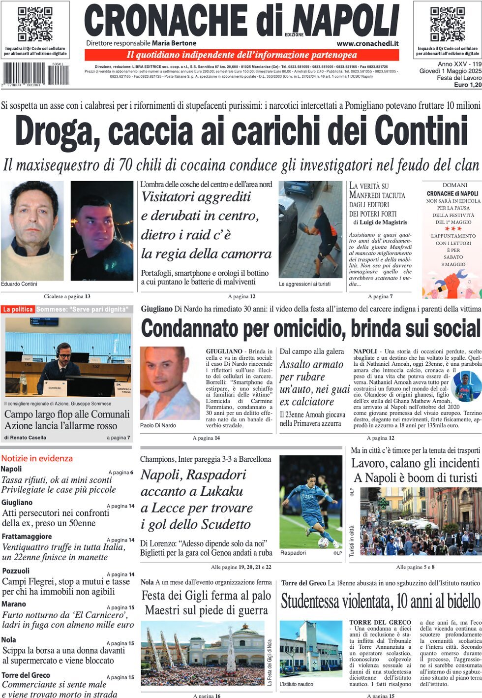 Prima Pagina Cronache di Napoli 01/05/2025