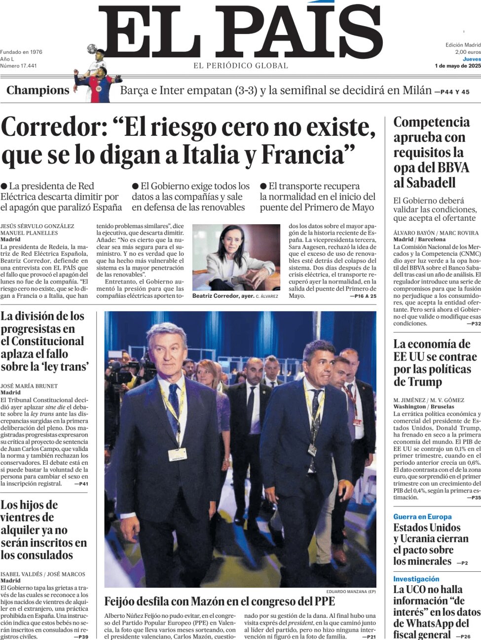 Prima Pagina El País 01/05/2025
