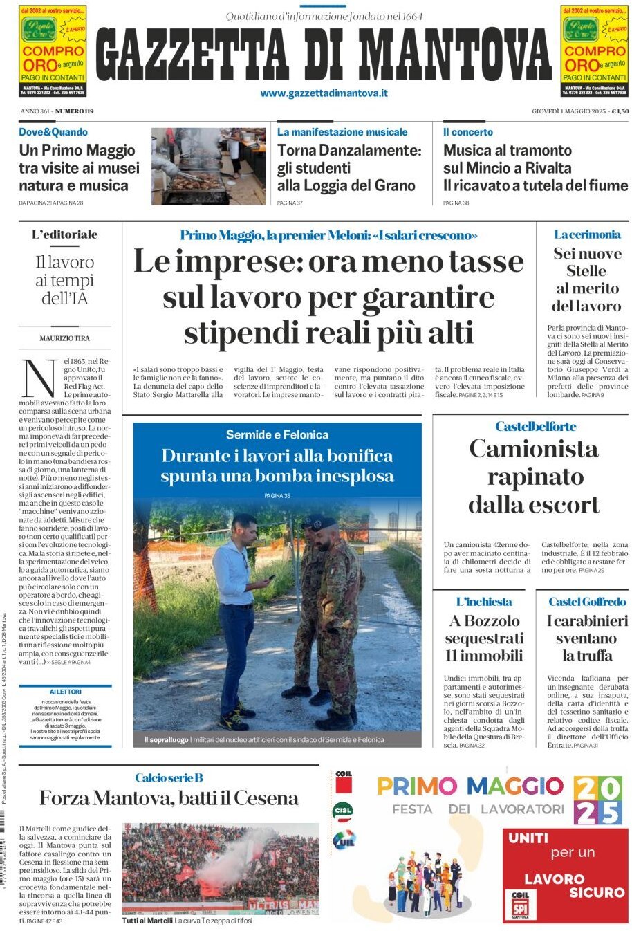 Prima Pagina Gazzetta di Mantova 01/05/2025