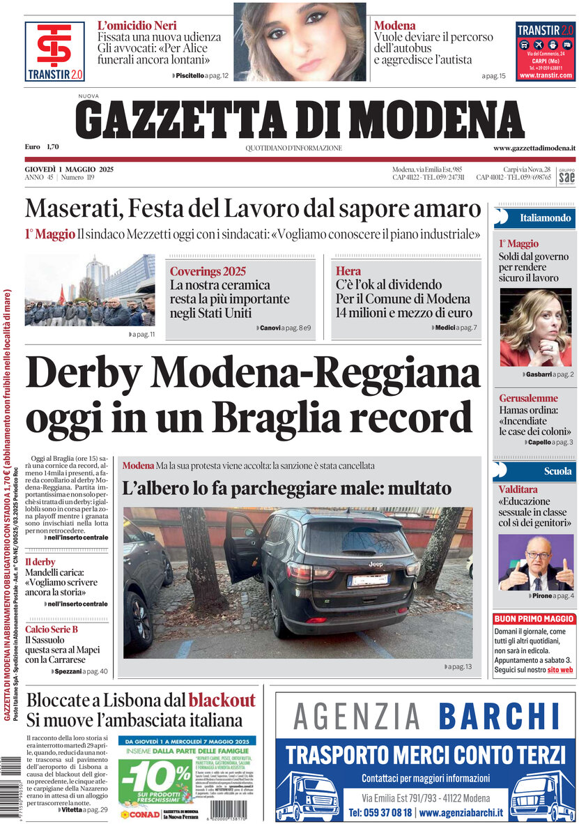 Prima Pagina Gazzetta di Modena 01/05/2025