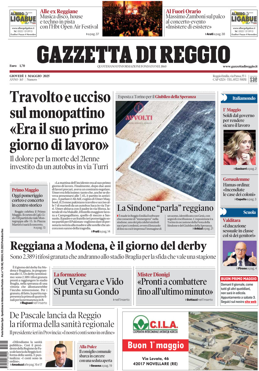 Prima Pagina Gazzetta di Reggio 01/05/2025
