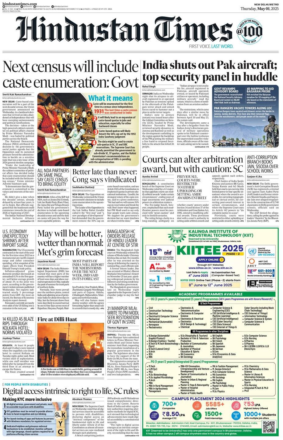 Prima Pagina Hindustan Times 01/05/2025