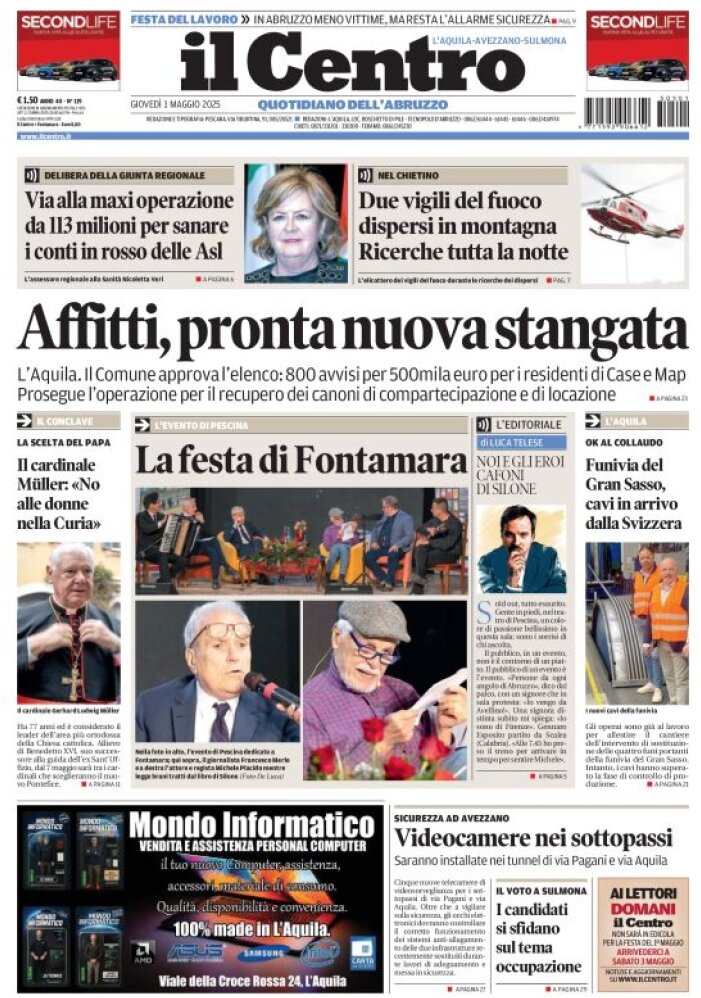 Prima Pagina Il Centro (L'Aquila) 01/05/2025