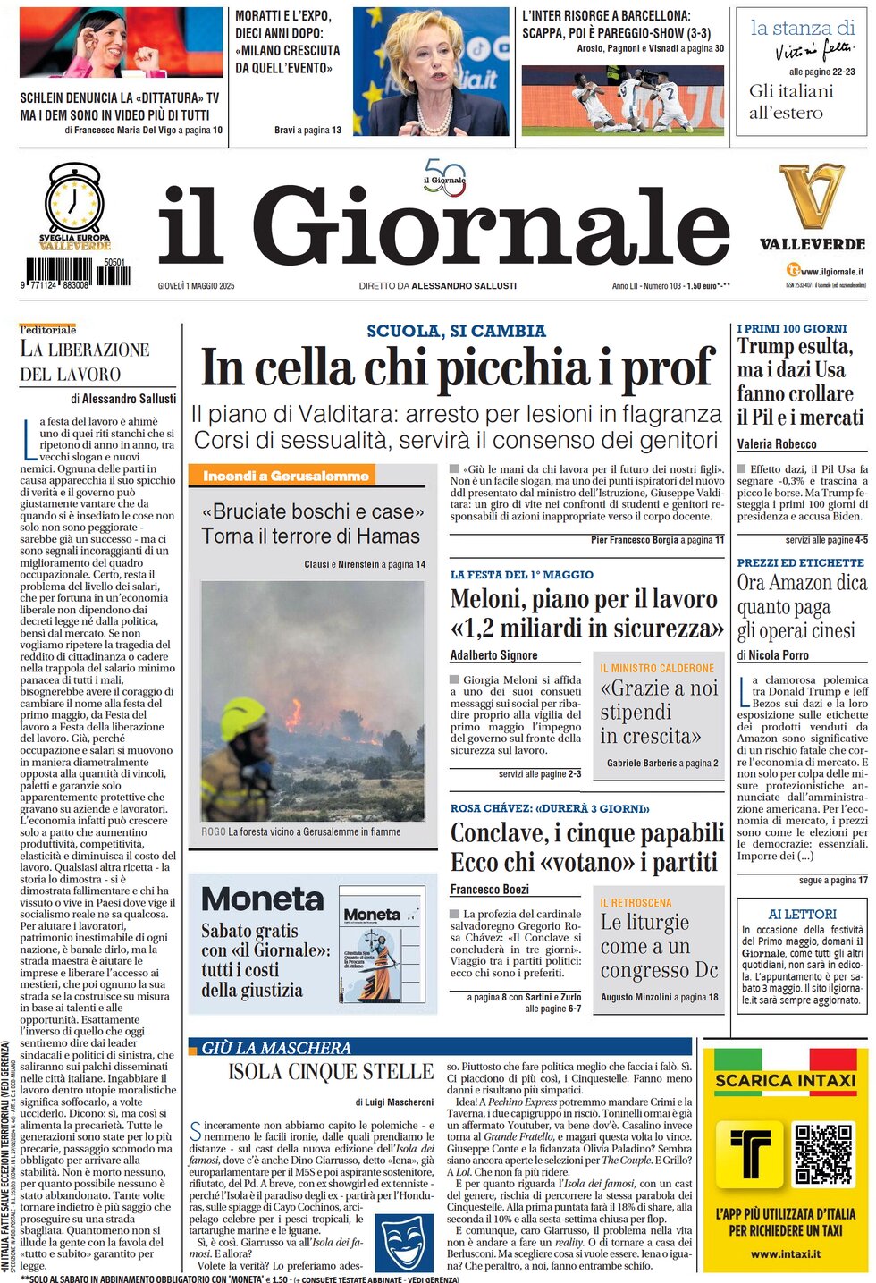 Prima Pagina Il Giornale 01/05/2025