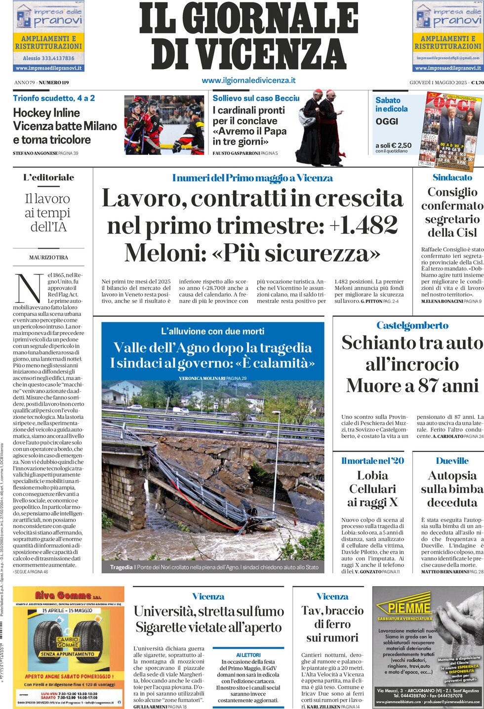 Prima Pagina Il Giornale di Vicenza 01/05/2025