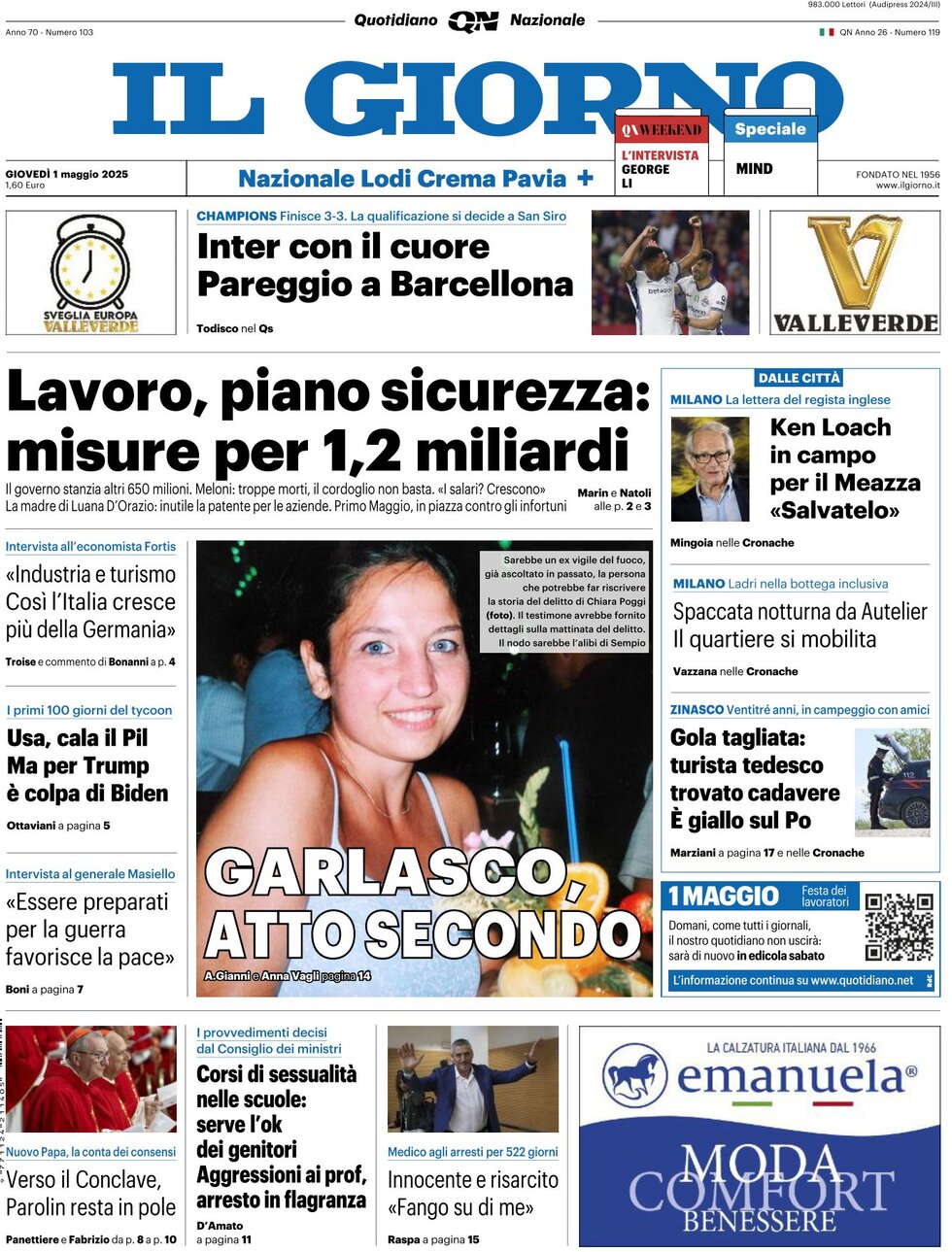 Prima Pagina Il Giorno 01/05/2025
