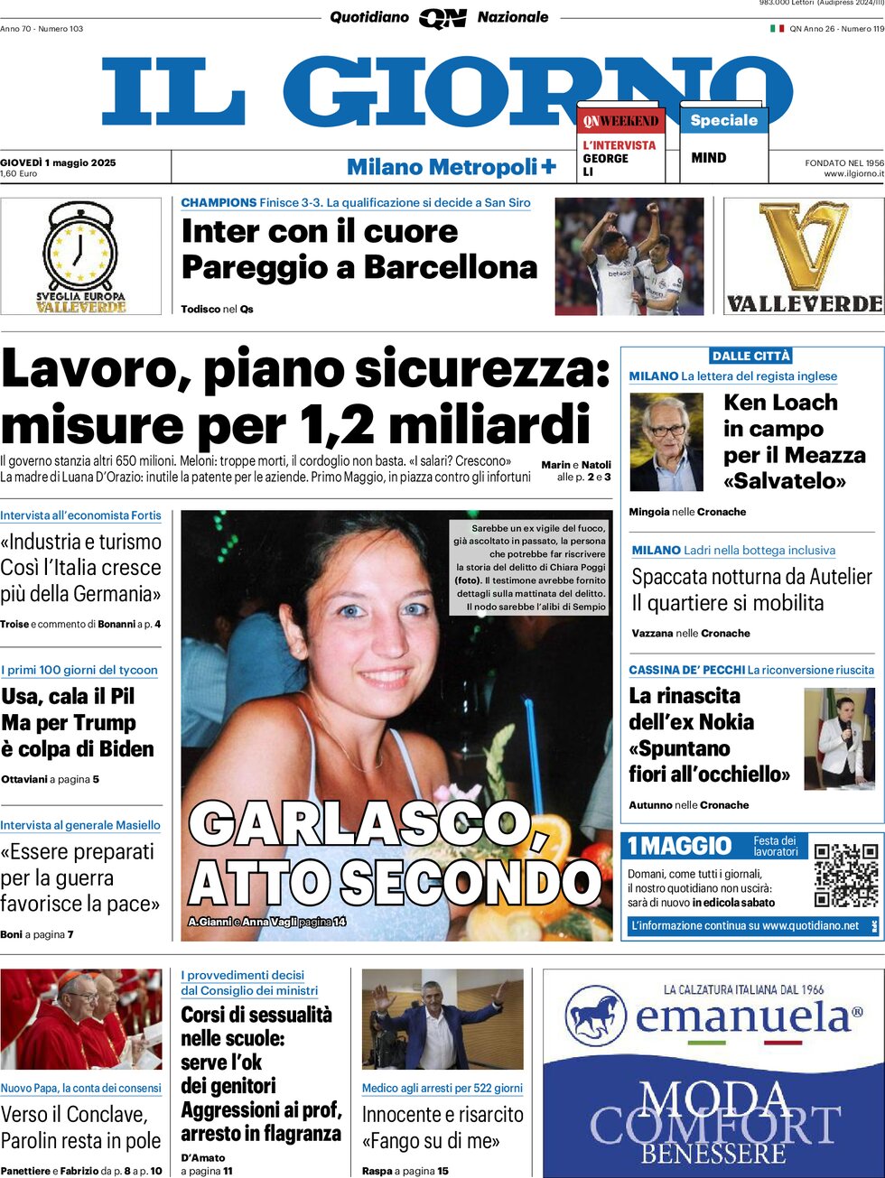 Prima Pagina Il Giorno (Milano Metropoli) 01/05/2025