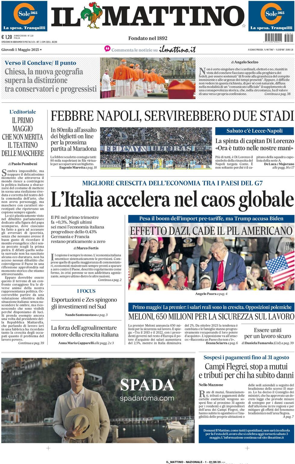 Prima Pagina Il Mattino 01/05/2025