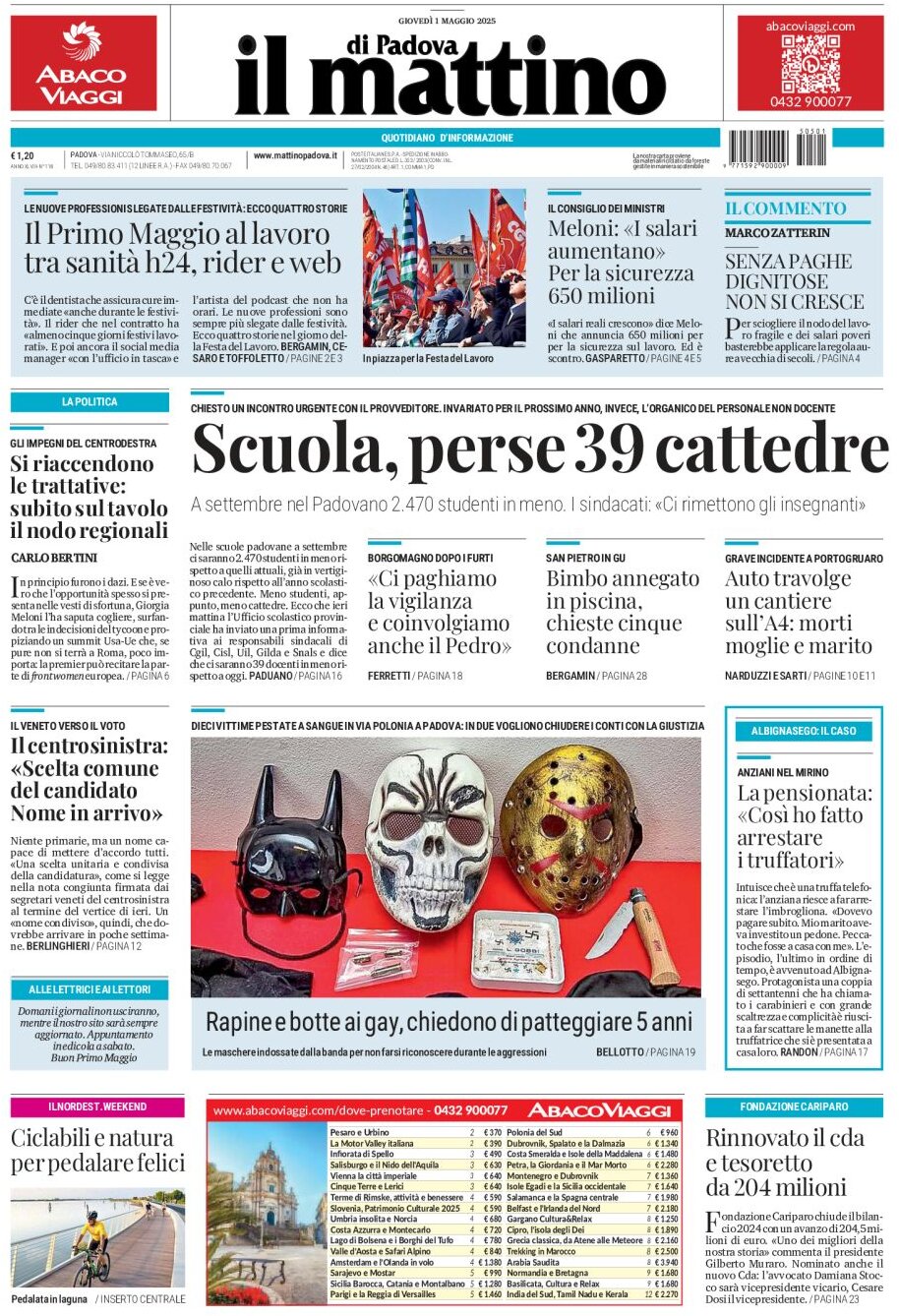 Prima Pagina Il Mattino di Padova 01/05/2025