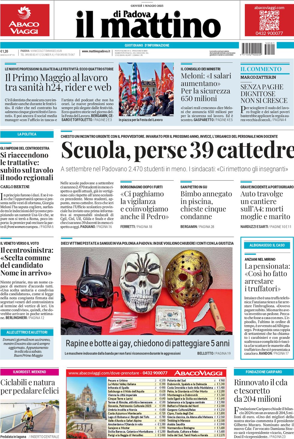 Prima Pagina Il Mattino di Padova 01/05/2025