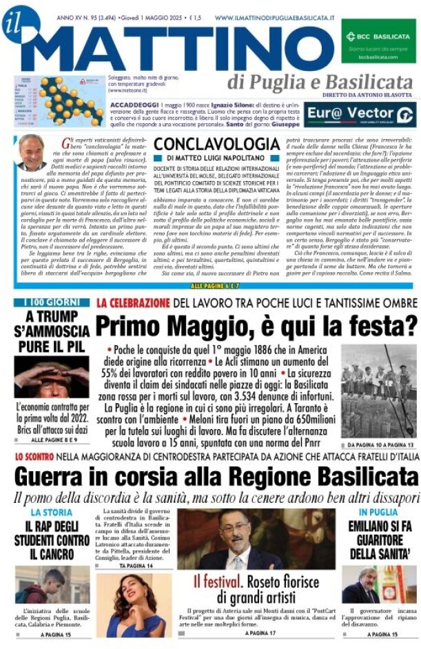 Prima Pagina Il Mattino di Puglia e Basilicata 01/05/2025