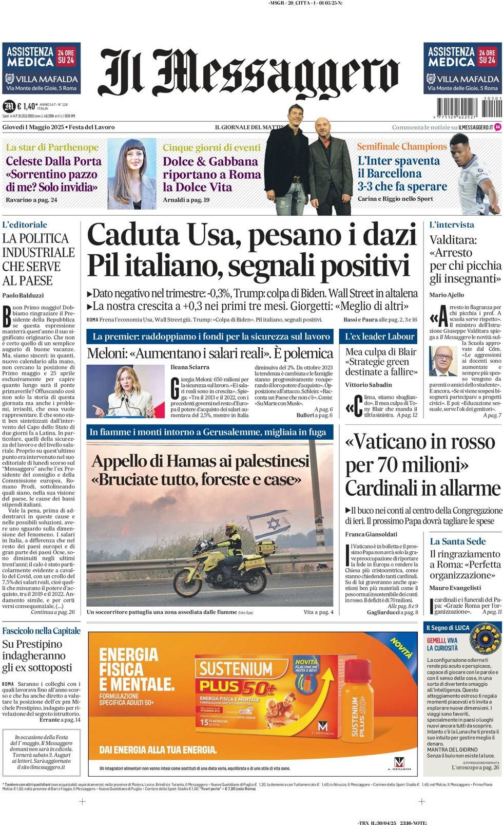 Prima Pagina Il Messaggero 01/05/2025
