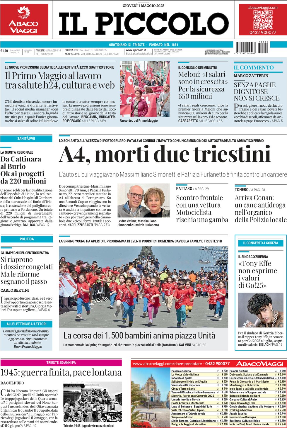Prima Pagina Il Piccolo (Trieste) 01/05/2025