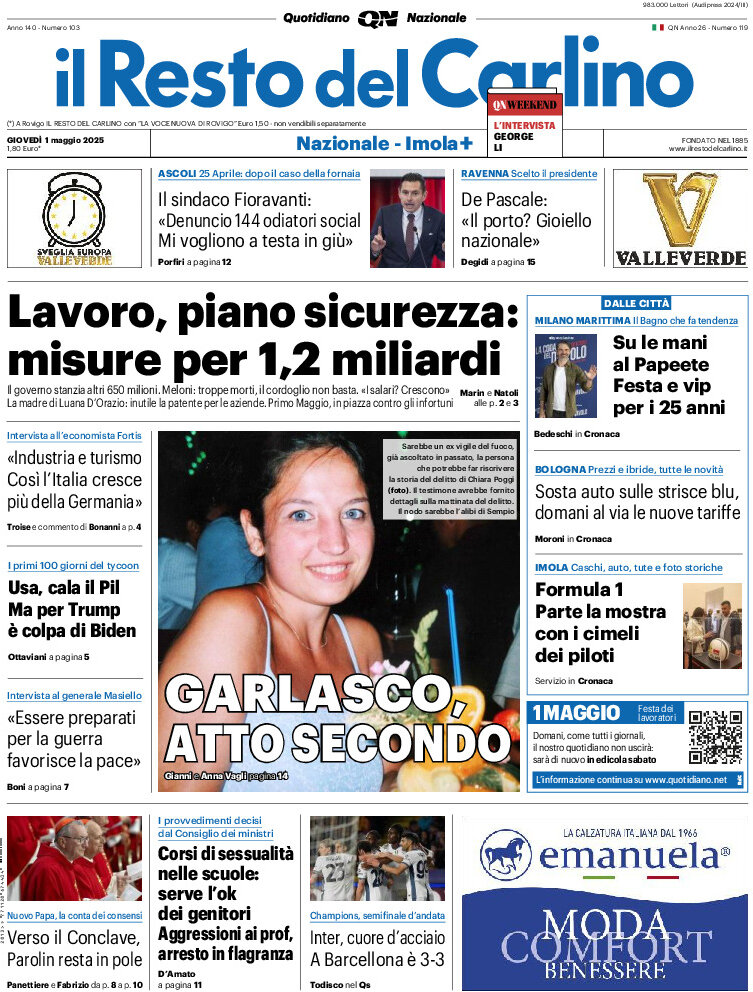 Prima Pagina Il Resto del Carlino 01/05/2025
