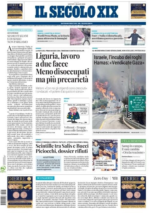 Prima Pagina Il Secolo XIX 01/05/2025