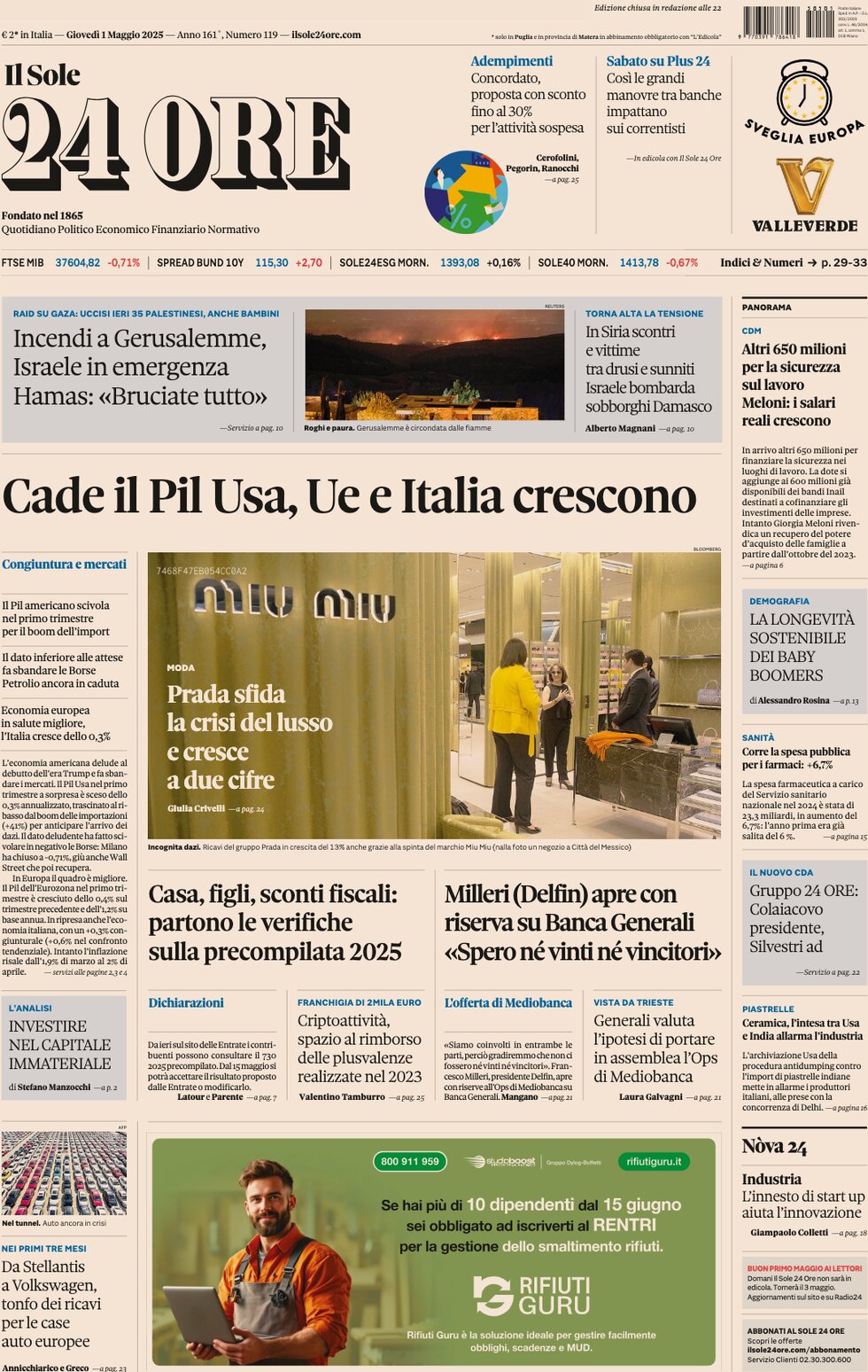 Prima Pagina Il Sole 24 Ore 01/05/2025