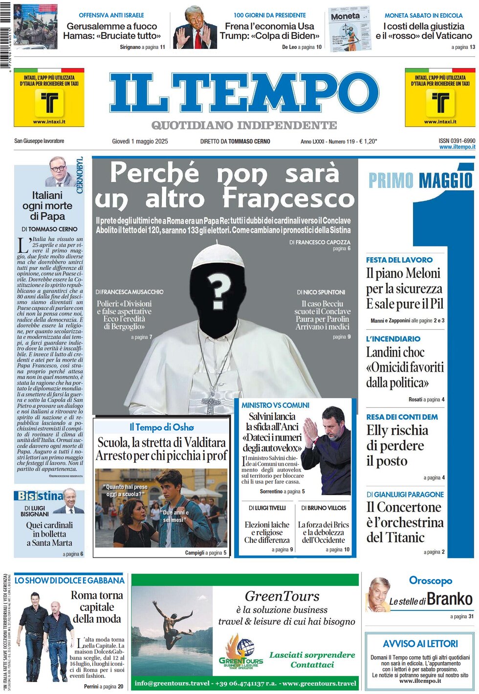 Prima Pagina Il Tempo 01/05/2025