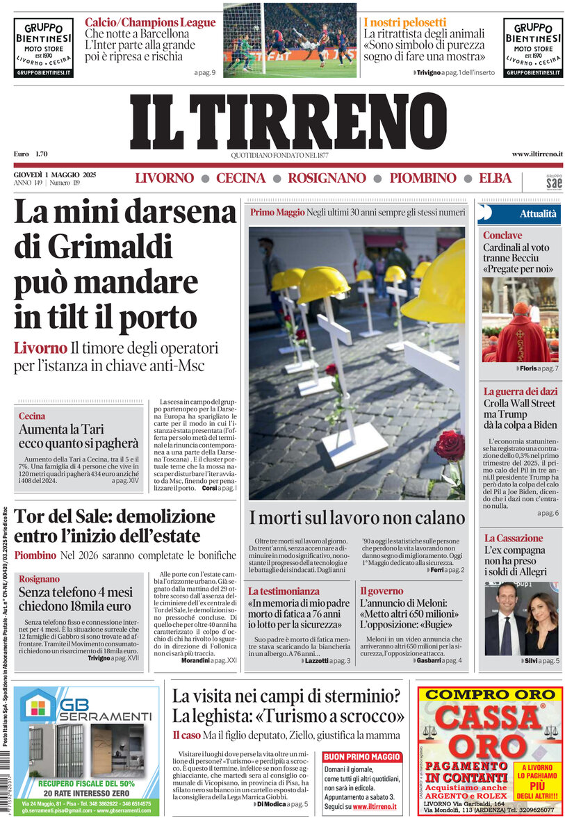 Prima Pagina Il Tirreno (Livorno, Cecina, Rosignano, Piombino, Elba) 01/05/2025