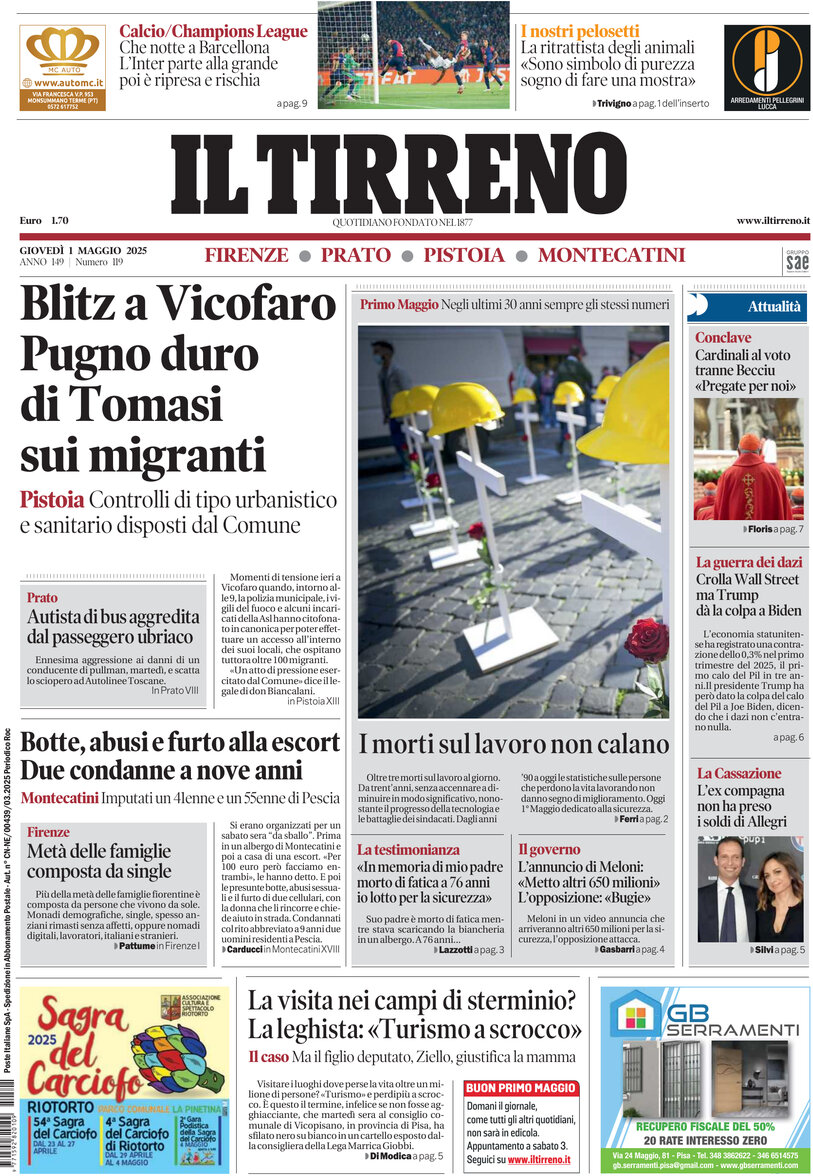 Prima Pagina Il Tirreno (Firenze, Prato, Pistoia, Montecatini) 01/05/2025