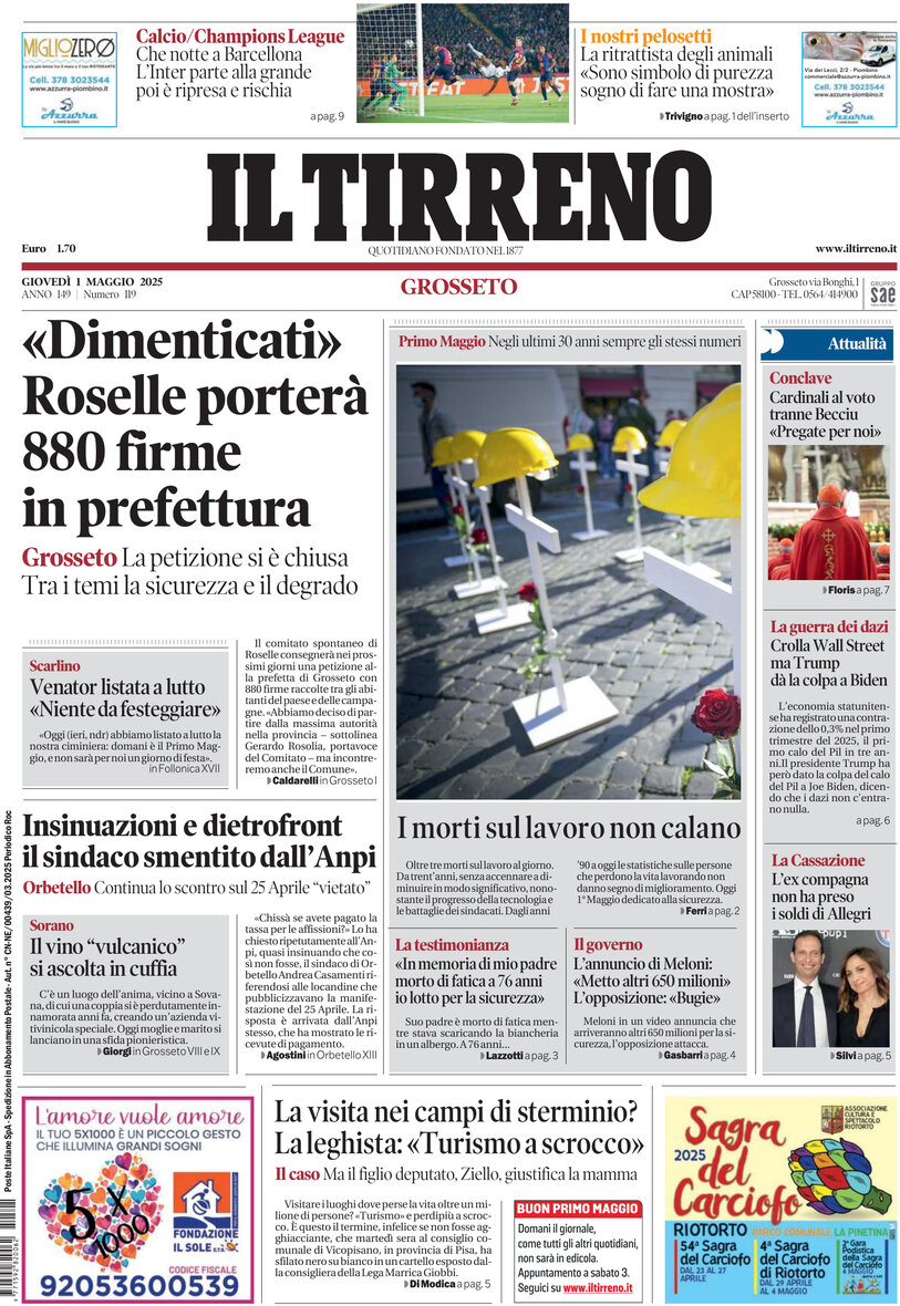 Prima Pagina Il Tirreno (Grosseto) 01/05/2025