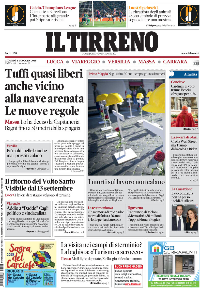 Prima Pagina Il Tirreno (Lucca, Viareggio, Versilia, Massa, Carrara) 01/05/2025