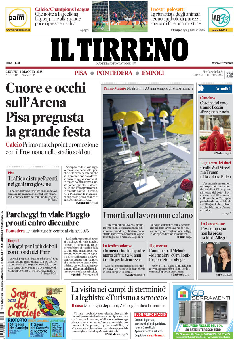 Prima Pagina Il Tirreno (Pisa, Pontedera) 01/05/2025
