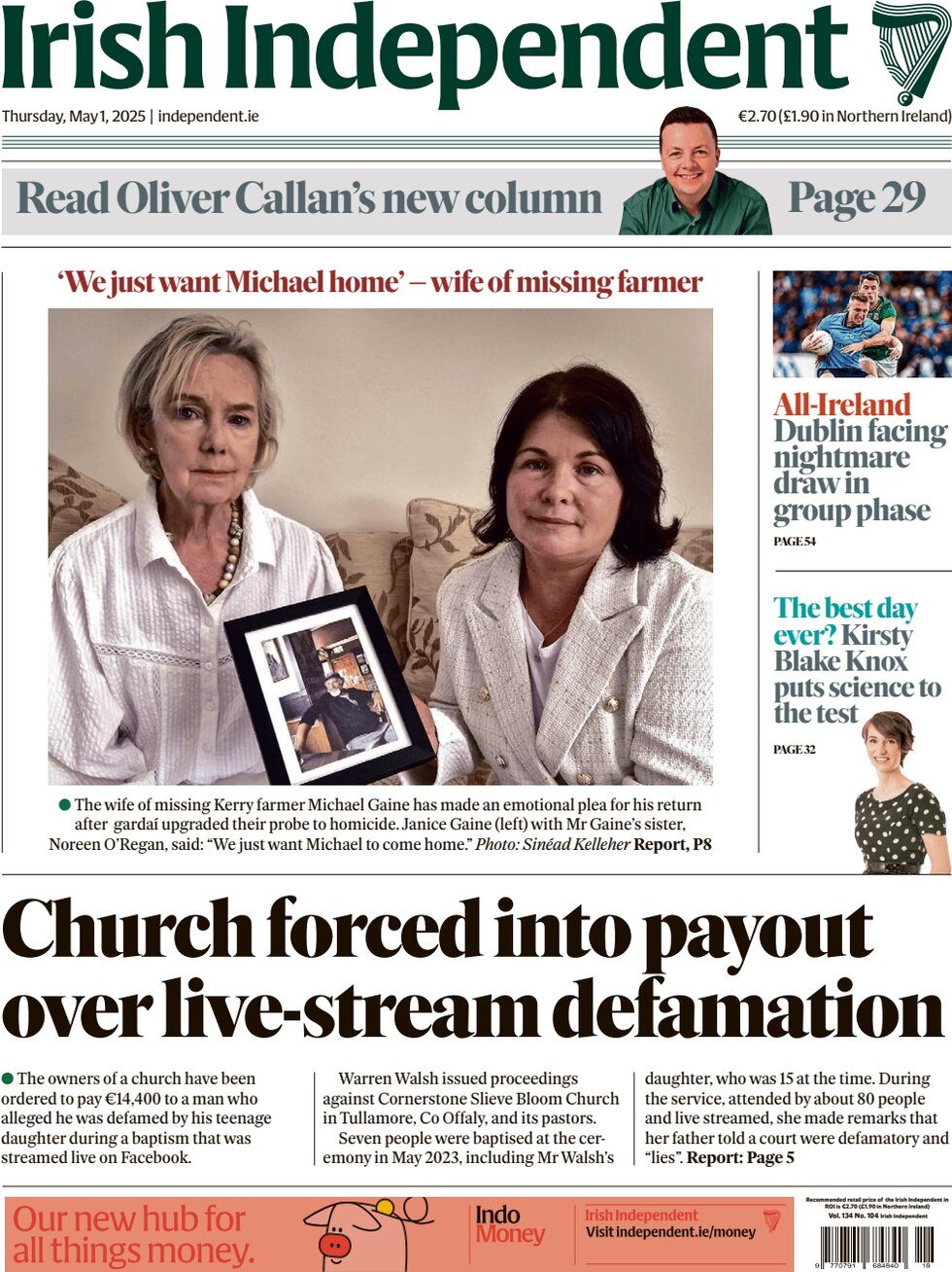 Prima Pagina Irish Independent 01/05/2025
