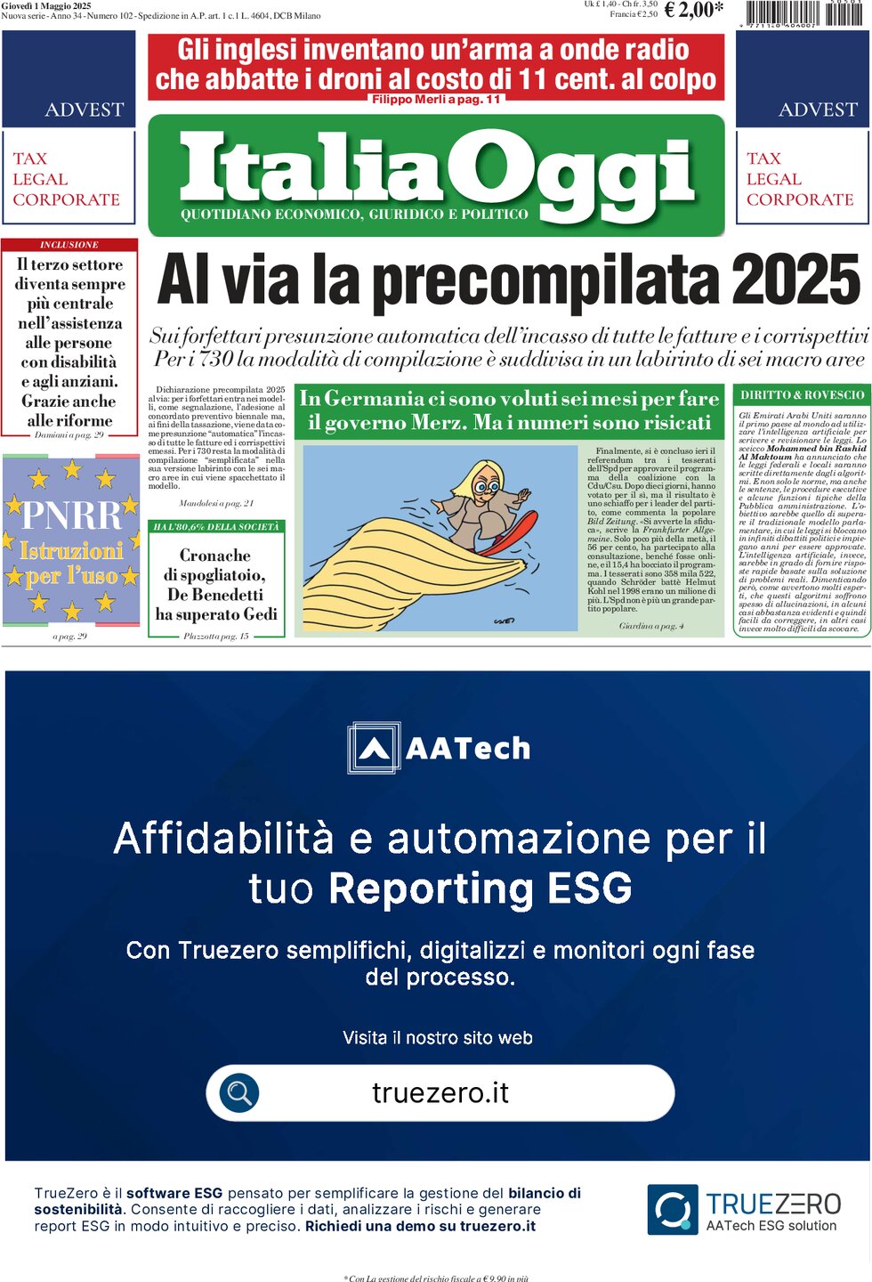 Prima Pagina ItaliaOggi 01/05/2025