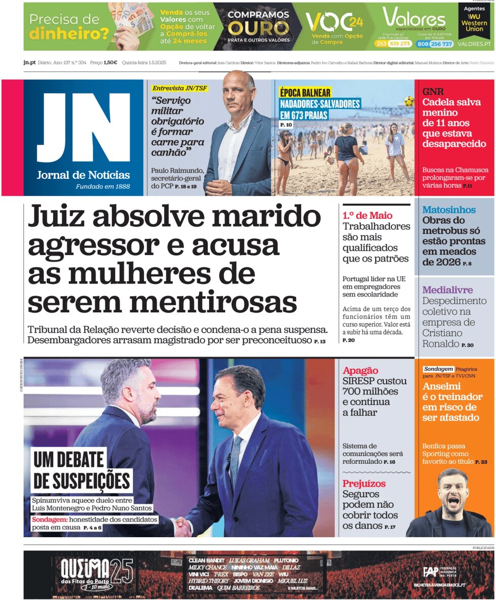 Prima Pagina Jornal de Notícias 01/05/2025