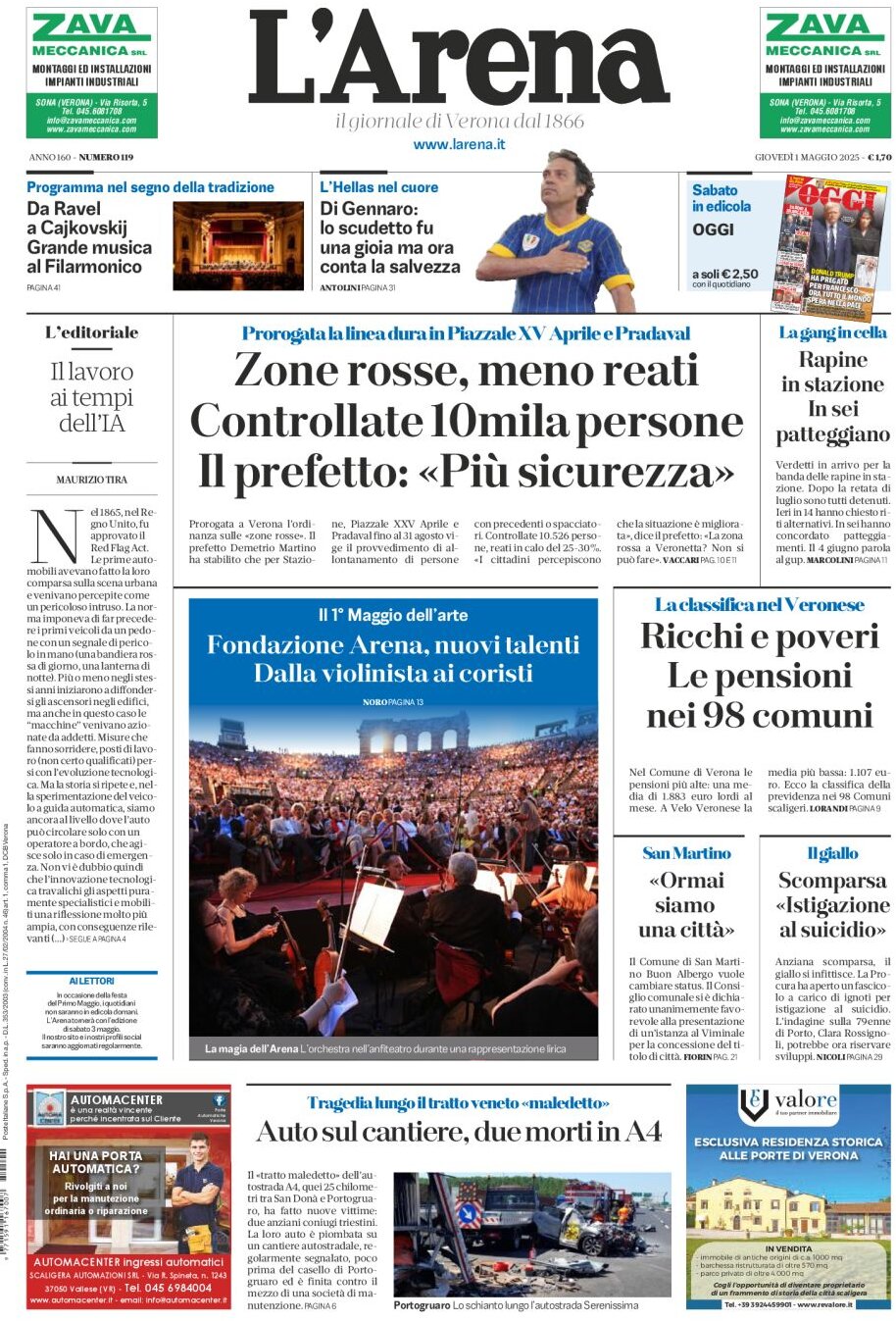 Prima Pagina L'Arena (Verona) 01/05/2025