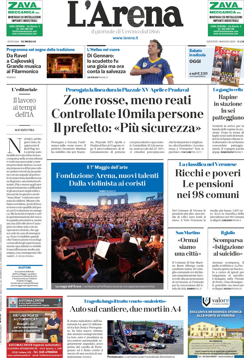 Prima Pagina L'Arena (Verona) 01/05/2025
