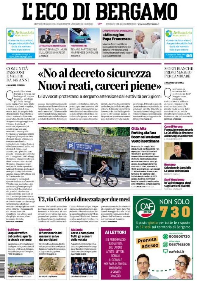 Prima Pagina L'Eco di Bergamo 01/05/2025