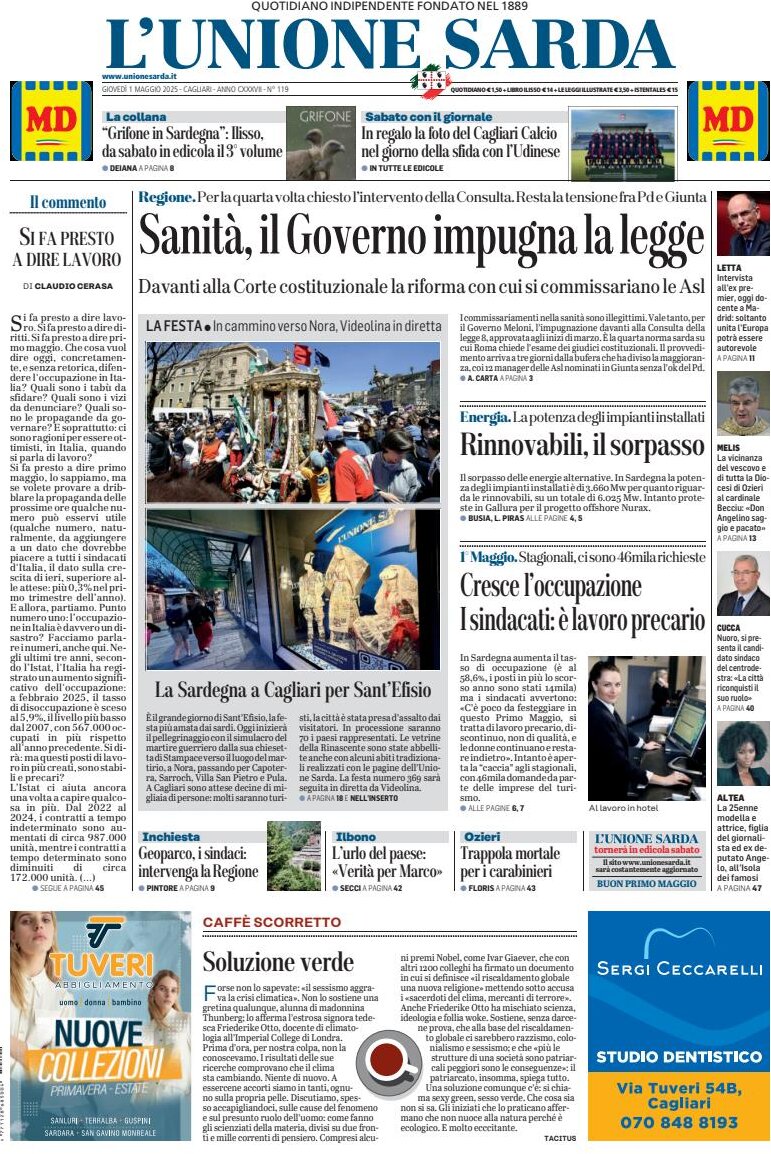 Prima Pagina L'Unione Sarda 01/05/2025