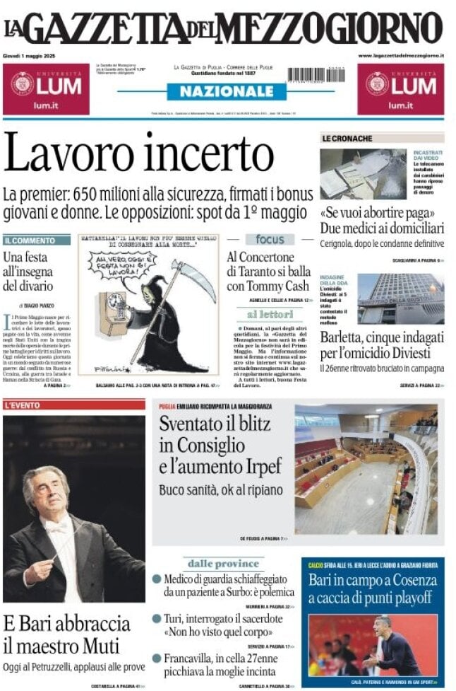 Prima Pagina La Gazzetta del Mezzogiorno (Bari) 01/05/2025