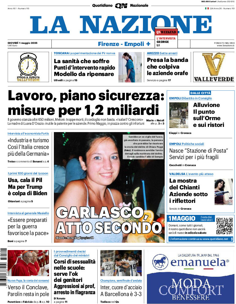 Prima Pagina La Nazione 01/05/2025
