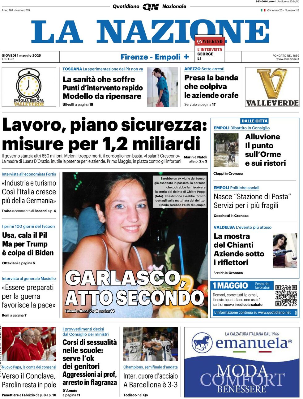 Prima Pagina La Nazione 01/05/2025