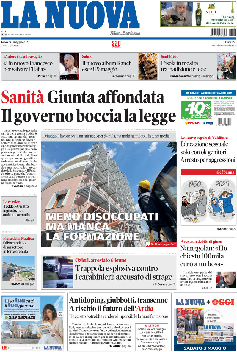 Prima Pagina La Nuova Sardegna 01/05/2025