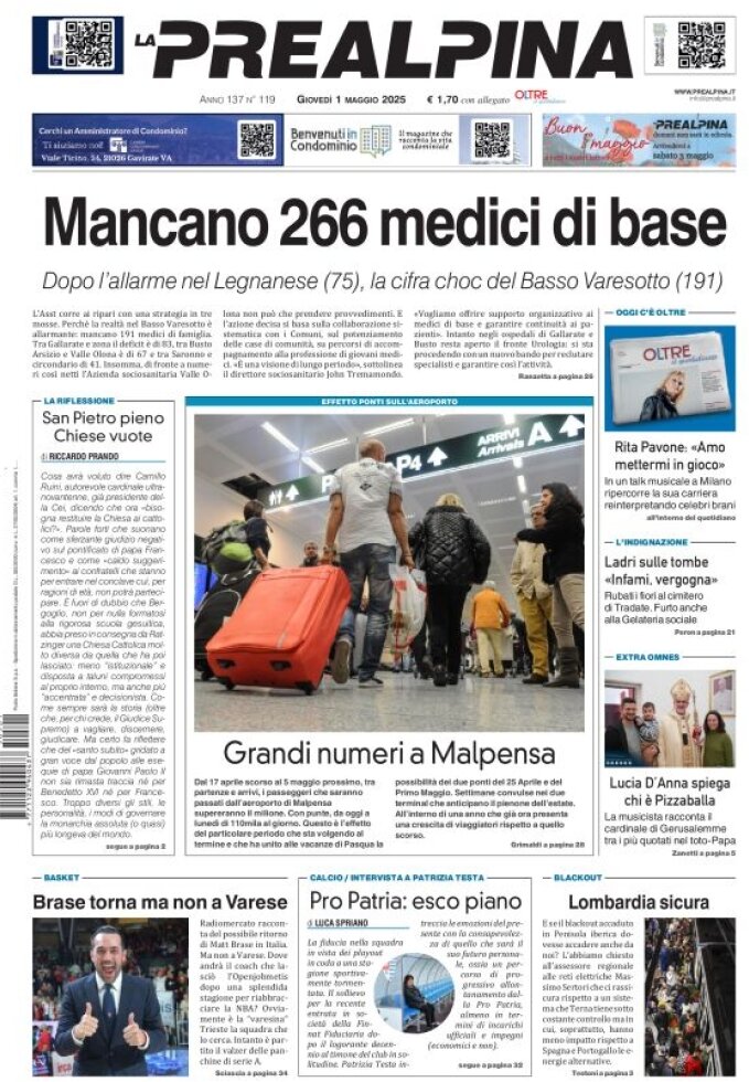 Prima Pagina La Prealpina 01/05/2025