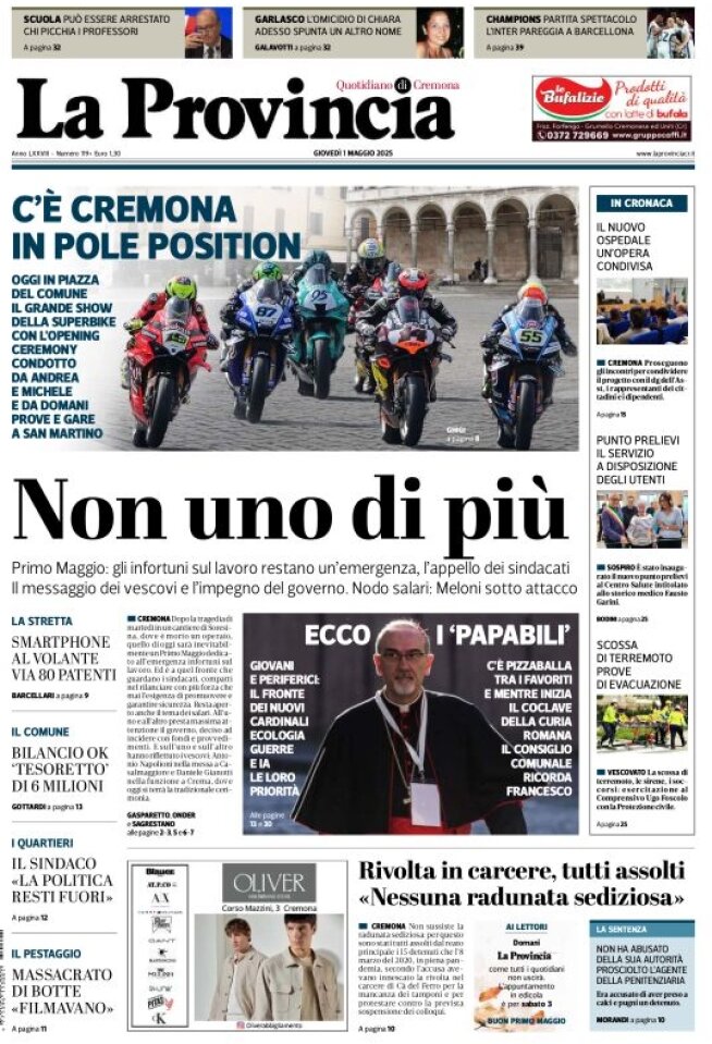 Prima Pagina La Provincia di Cremona 01/05/2025
