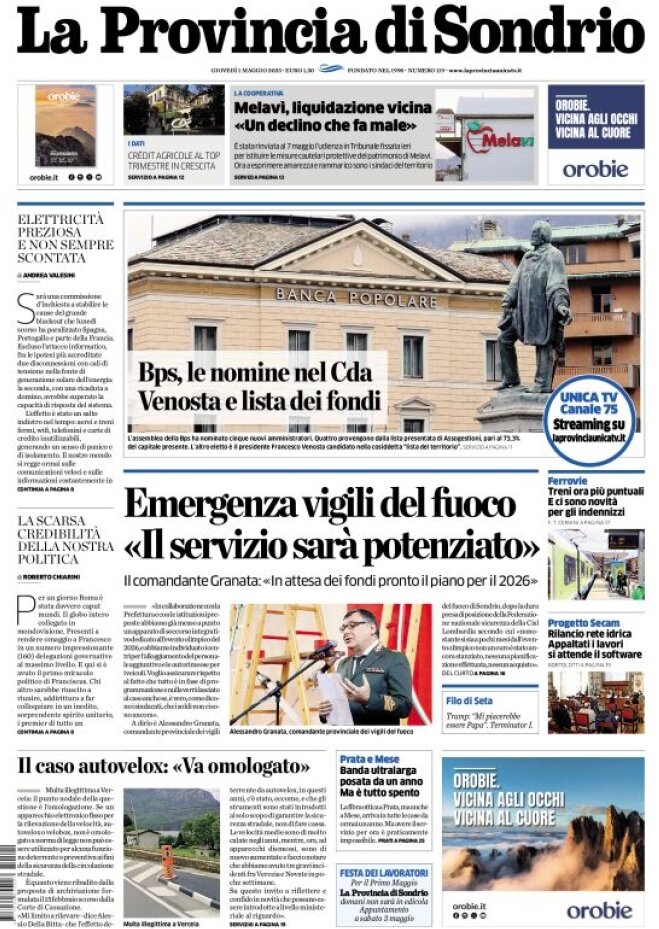 Prima Pagina La Provincia di Sondrio 01/05/2025