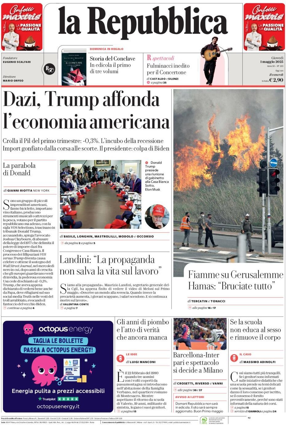 Prima Pagina La Repubblica 01/05/2025