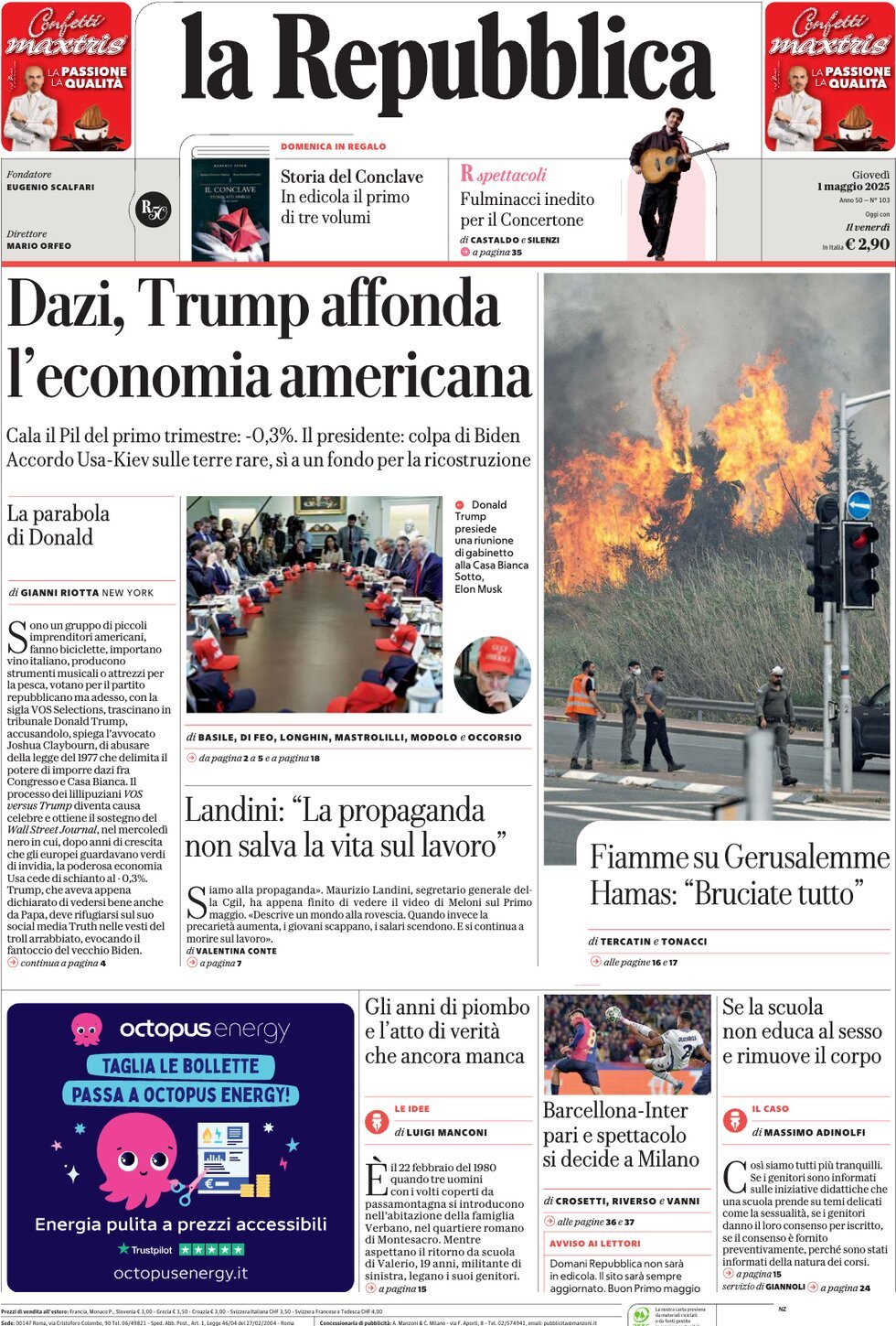 Prima Pagina La Repubblica 01/05/2025