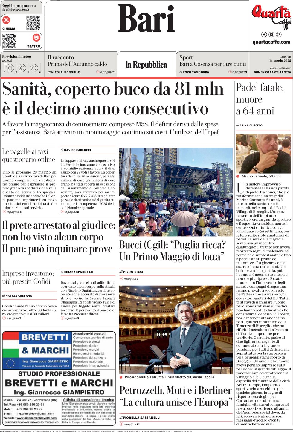 Prima Pagina La Repubblica (Bari) 01/05/2025