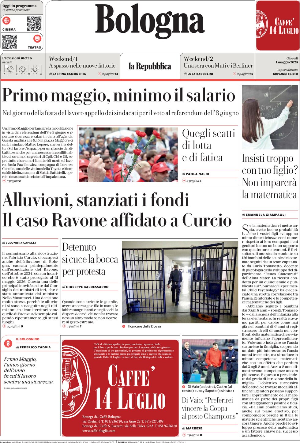 Prima Pagina La Repubblica (Bologna) 01/05/2025