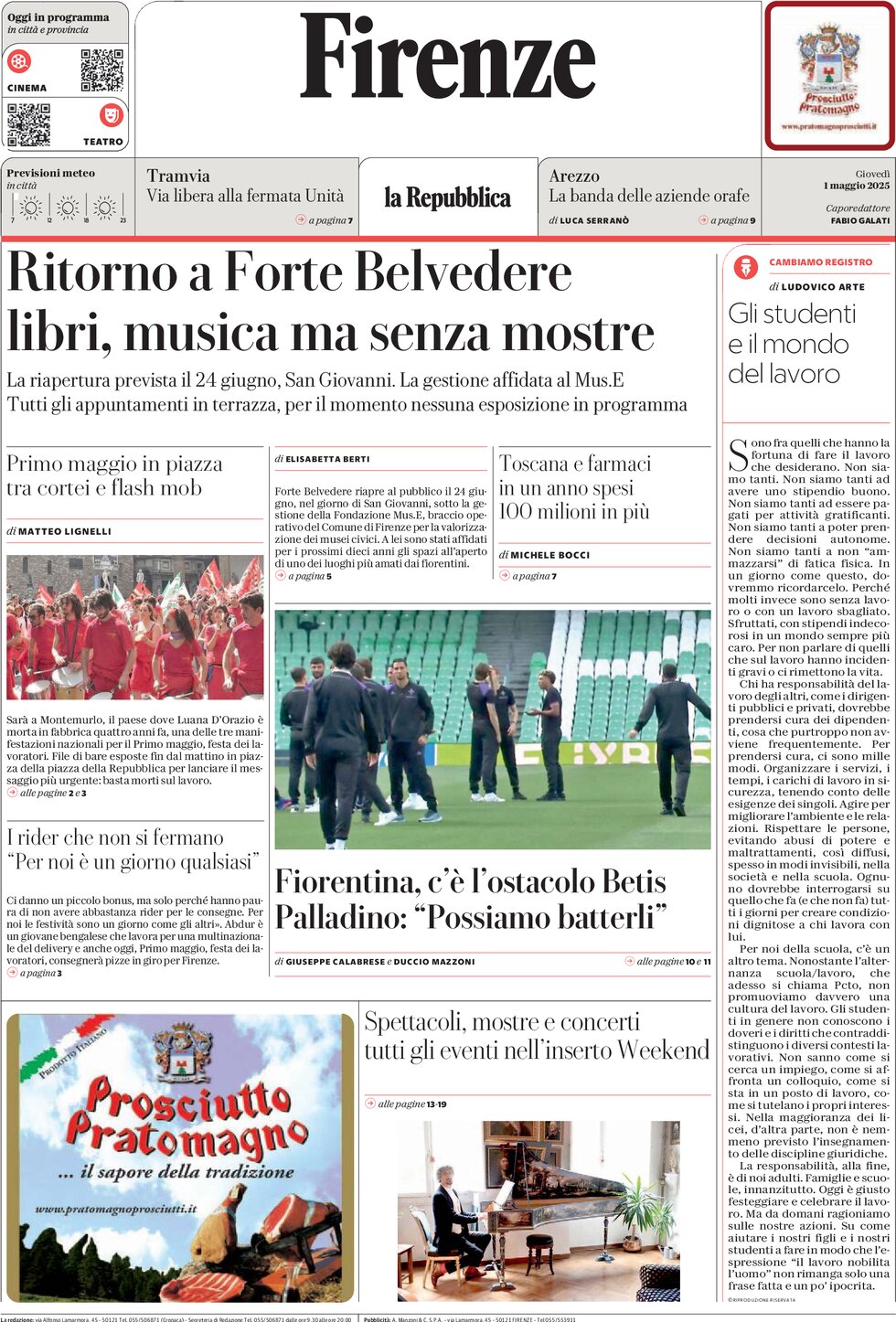 Prima Pagina La Repubblica (Firenze) 01/05/2025
