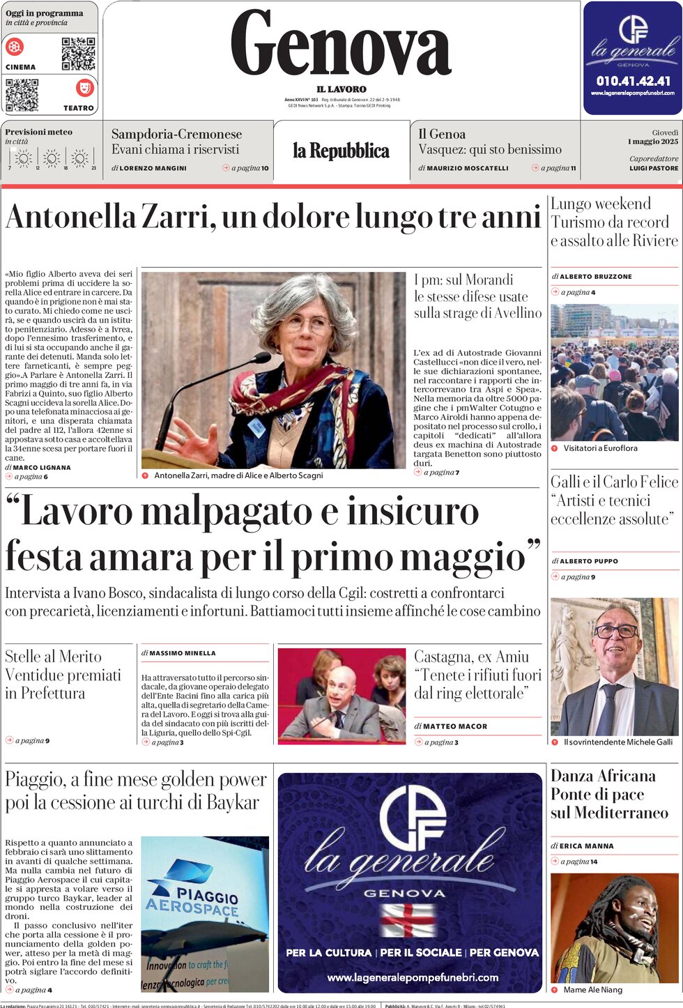 Prima Pagina La Repubblica (Genova) 01/05/2025